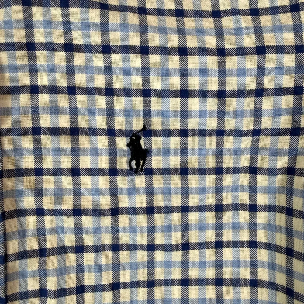 Ralph Lauren Button Down Shirt Boys M 10-12 Blue White Plaid Long Sleeve Pony